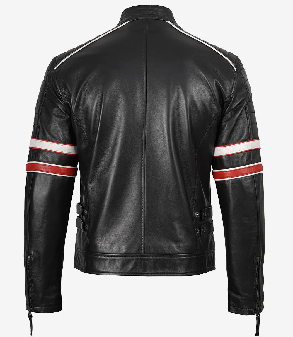Schwarze Herrenjacke aus Lammleder im Biker-Stil – weiß und rot gestreift