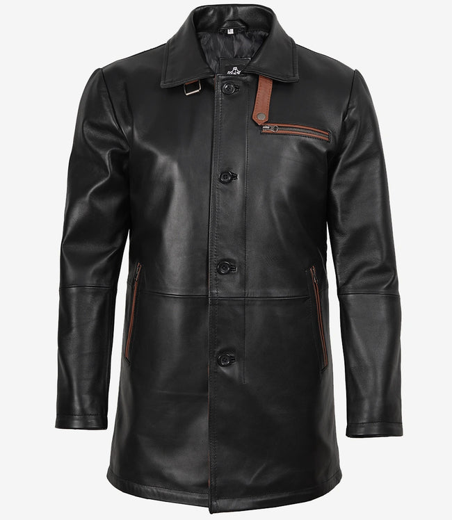 Schwarzer Herren-Ledermantel mit braunen Details