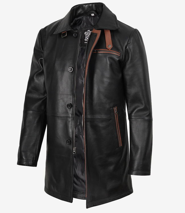 Schwarzer Herren-Ledermantel mit braunen Details