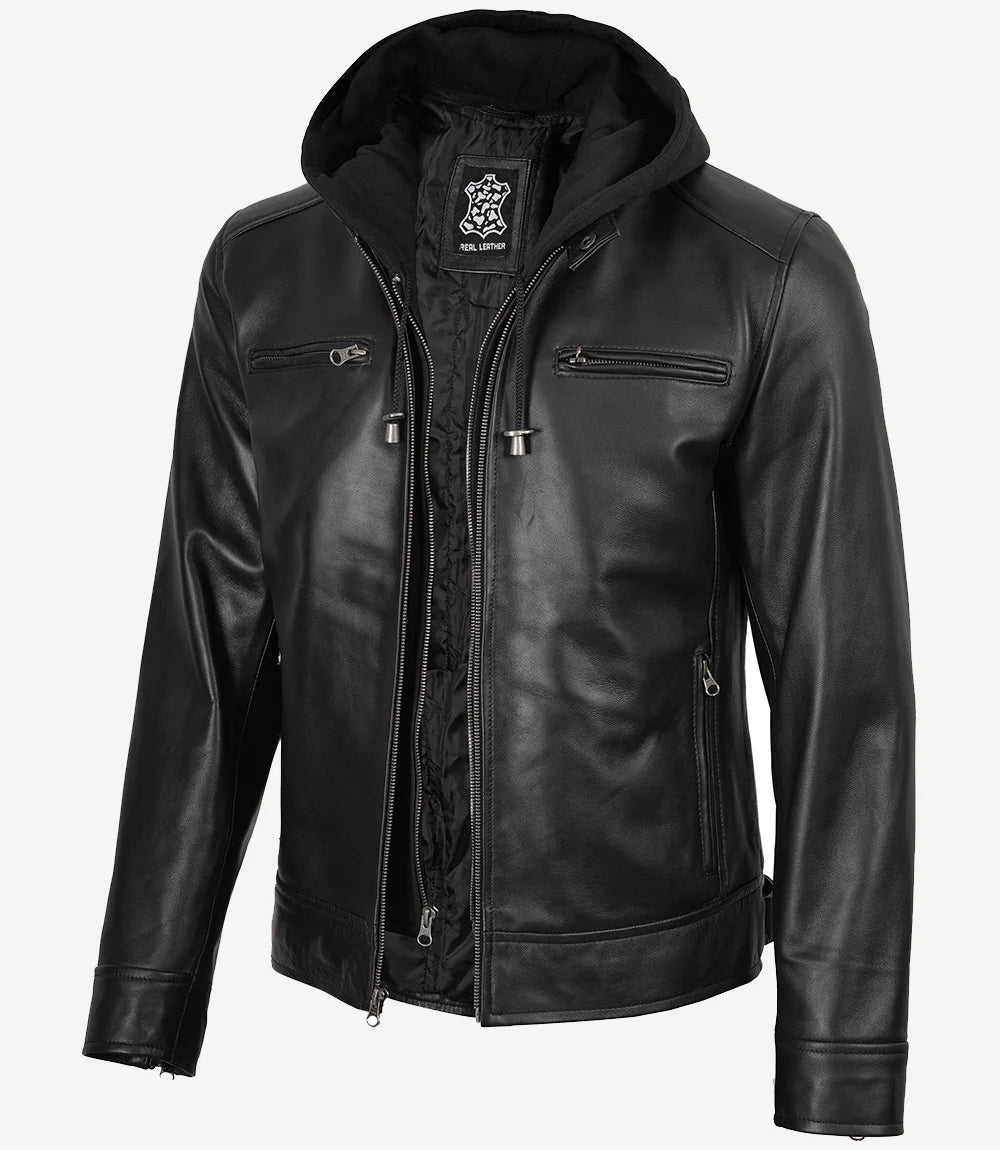 Schwarze Herren-Lederjacke mit abnehmbarer Kapuze