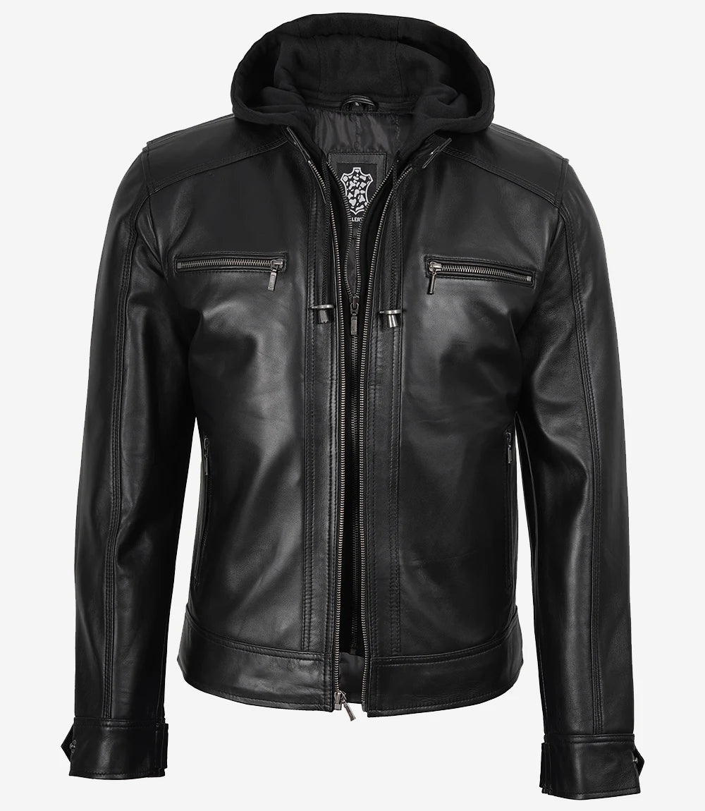 Schwarze Herren-Lederjacke mit abnehmbarem Hoodie
