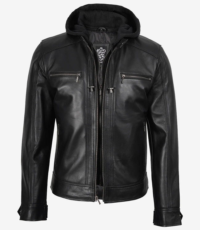 Schwarze Herren-Lederjacke mit abnehmbarem Hoodie