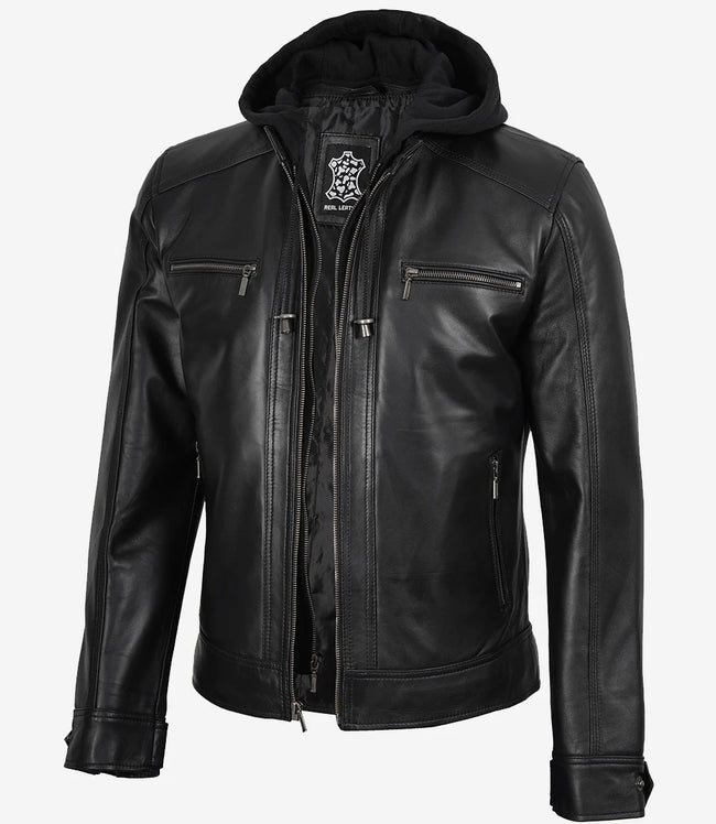 Schwarze Herren-Lederjacke mit abnehmbarem Hoodie