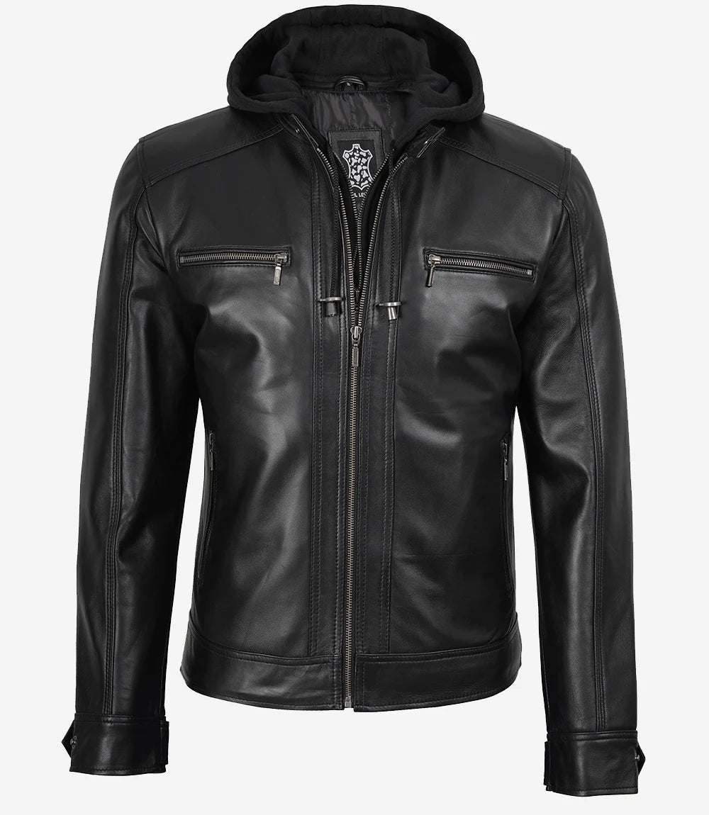 Schwarze Herren-Lederjacke mit abnehmbarem Hoodie