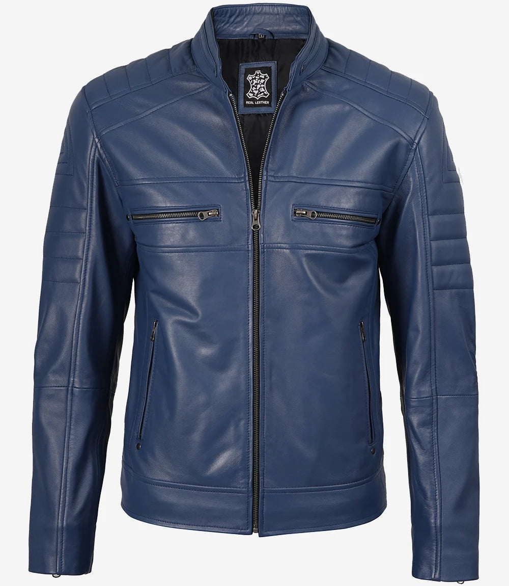 Blaue Lederjacke im Biker-Stil für Herren