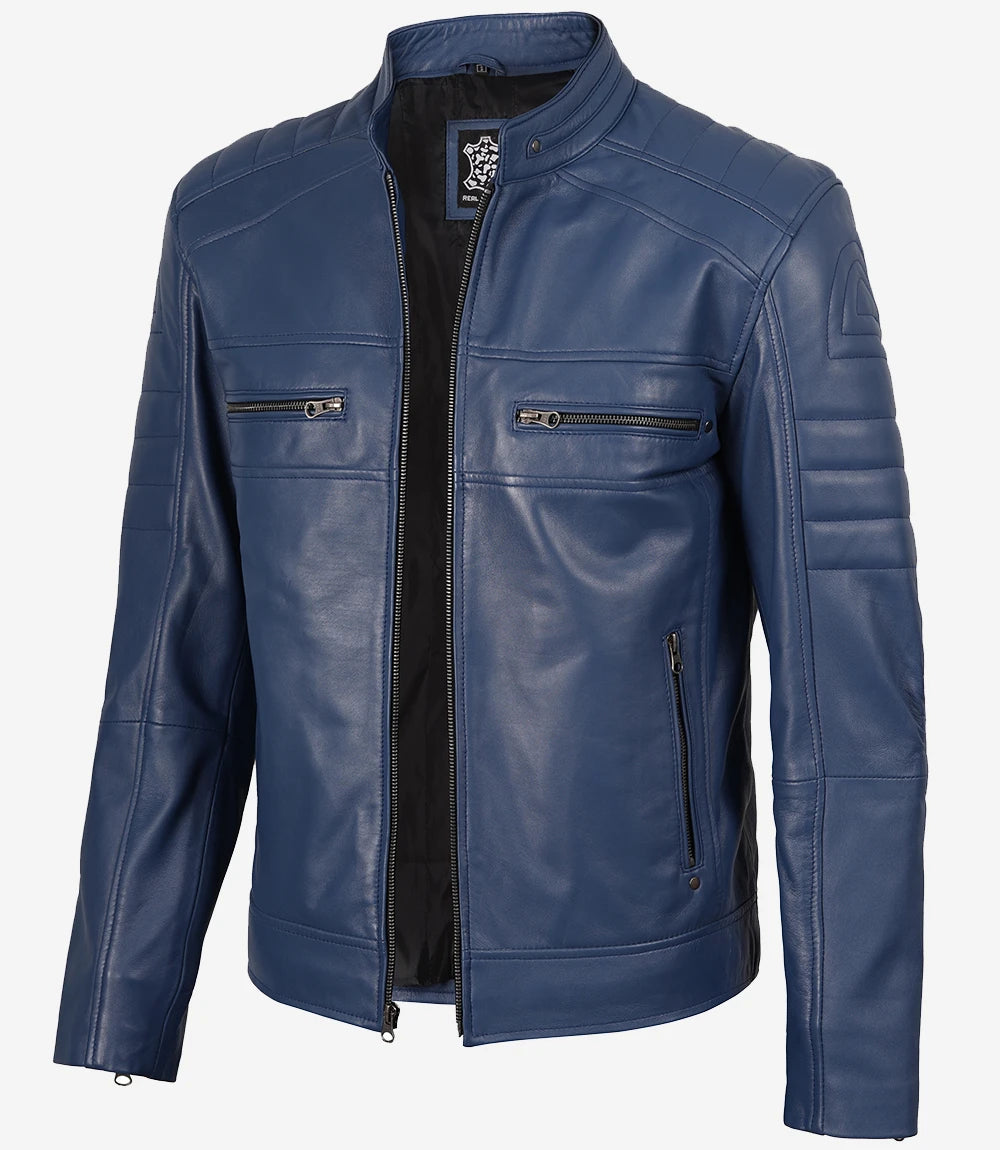 Blaue Lederjacke im Biker-Stil für Herren
