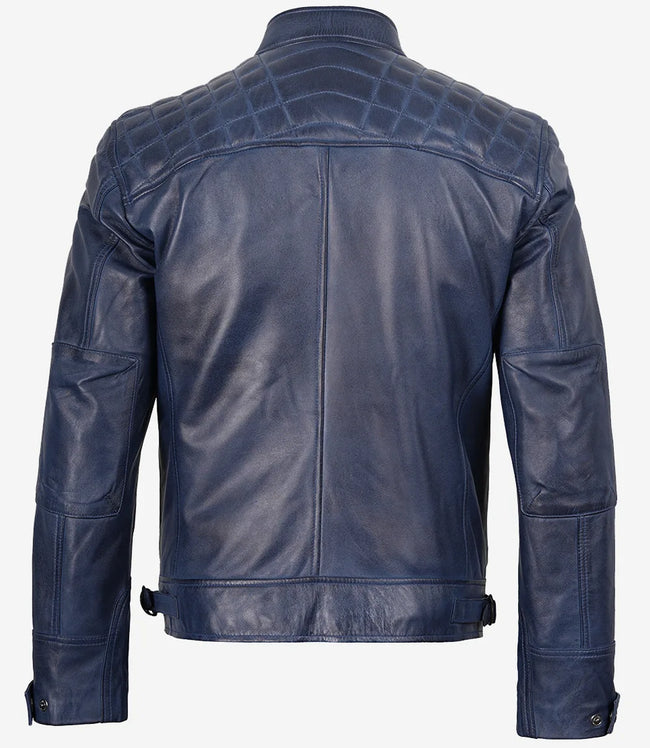 Blaue gewachste Lederjacke im Biker-Stil für Herren mit gesteppten Schultern