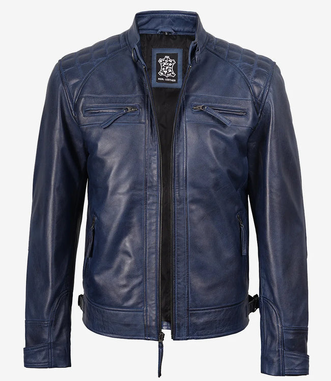 Blaue gewachste Lederjacke im Biker-Stil für Herren mit gesteppten Schultern