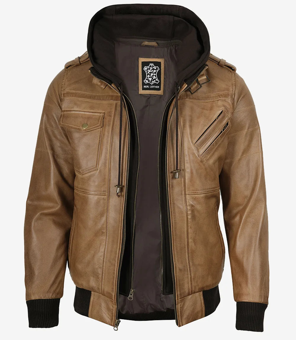 Herren-Bomberjacke aus Leder in Kamelbraun (abnehmbare Kapuze)