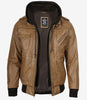 Herren-Bomberjacke aus Leder in Kamelbraun (abnehmbare Kapuze)