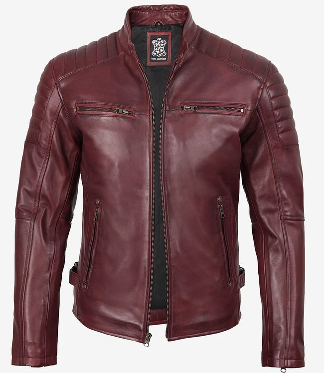 Burgunderrote Lederjacke im Biker-Stil für Herren
