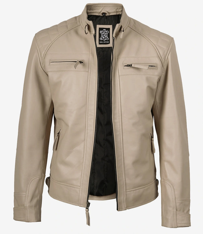 Beige Lederjacke im Biker-Stil für Herren – gesteppte Schulter