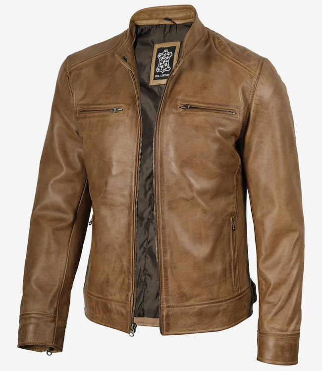 Herren Lederjacke im Biker-Stil, Kamelbraun
