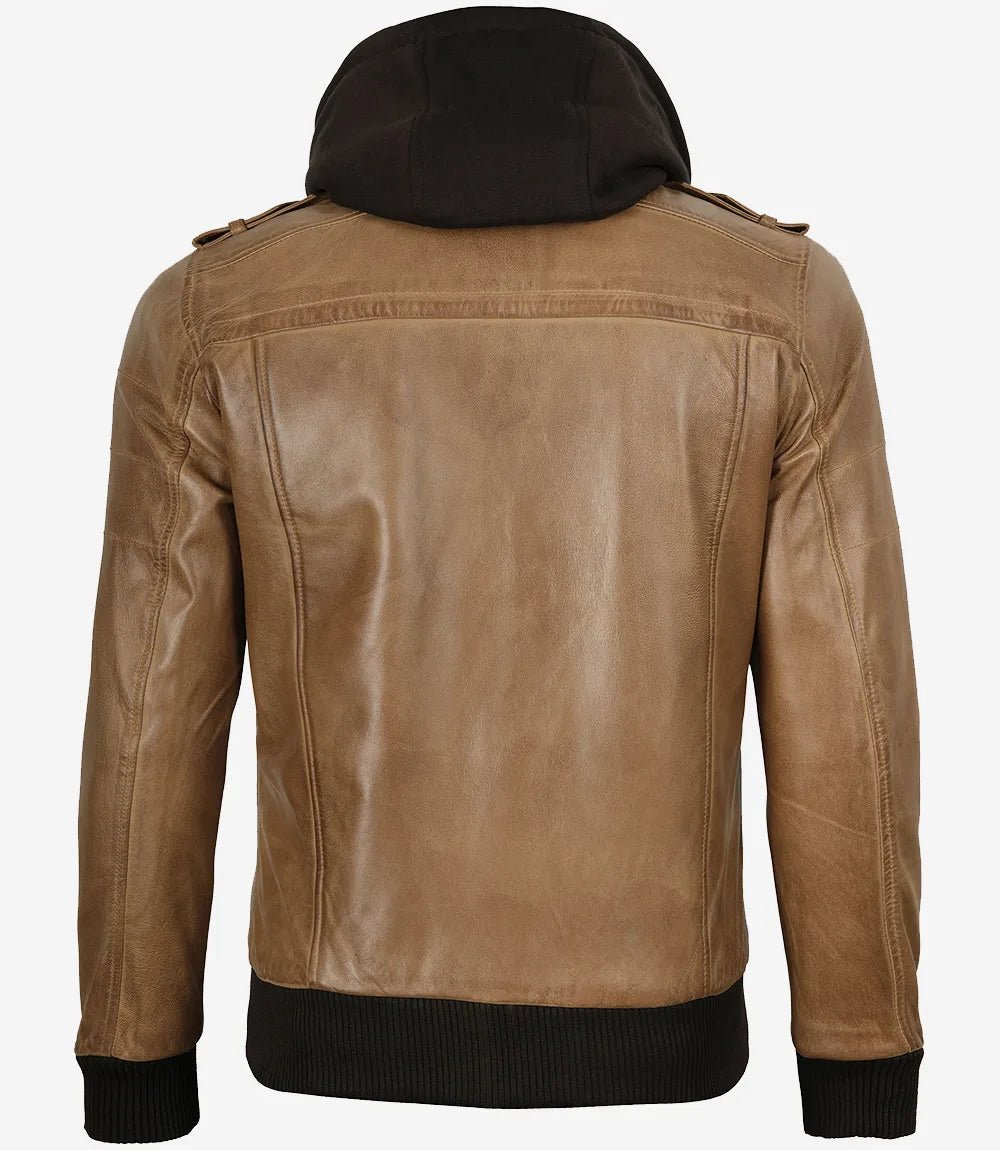 Herren-Bomberjacke aus Leder in Kamelbraun (abnehmbare Kapuze)