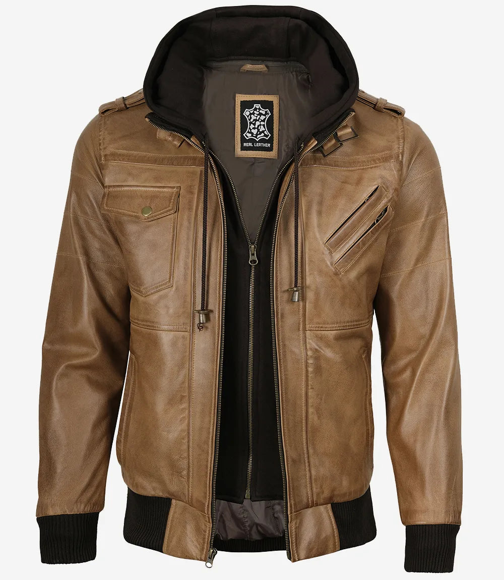 Herren-Bomberjacke aus Leder in Kamelbraun (abnehmbare Kapuze)