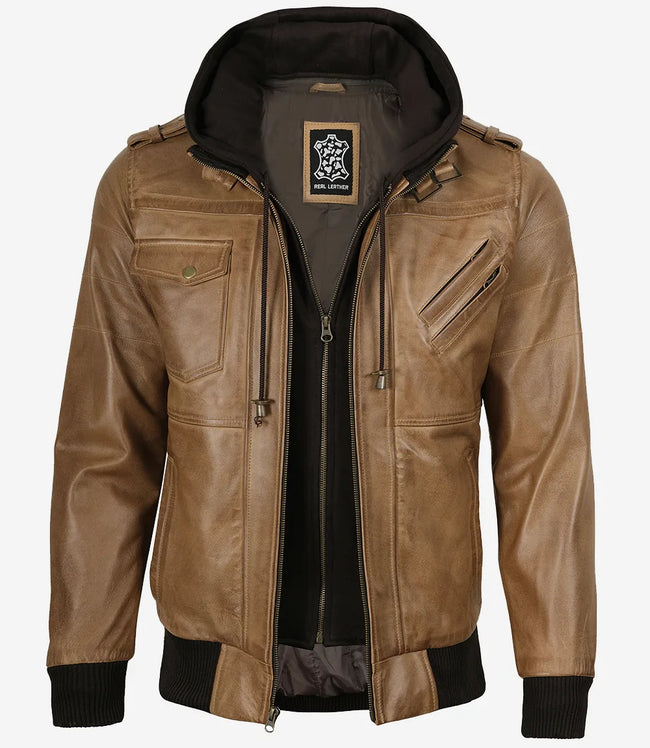 Herren-Bomberjacke aus Leder in Kamelbraun (abnehmbare Kapuze)