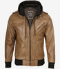 Herren-Bomberjacke aus Leder in Kamelbraun (abnehmbare Kapuze)
