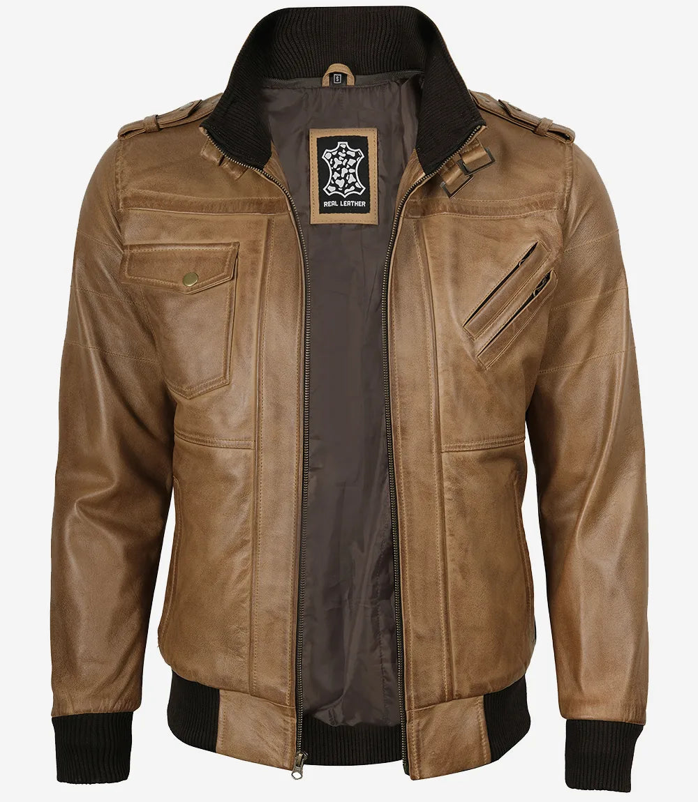 Herren-Bomberjacke aus Leder in Kamelbraun (abnehmbare Kapuze)