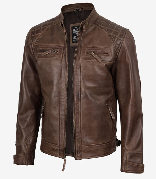 Schokoladenbraune Lederjacke im Biker-Stil für Herren – gesteppte Schultern