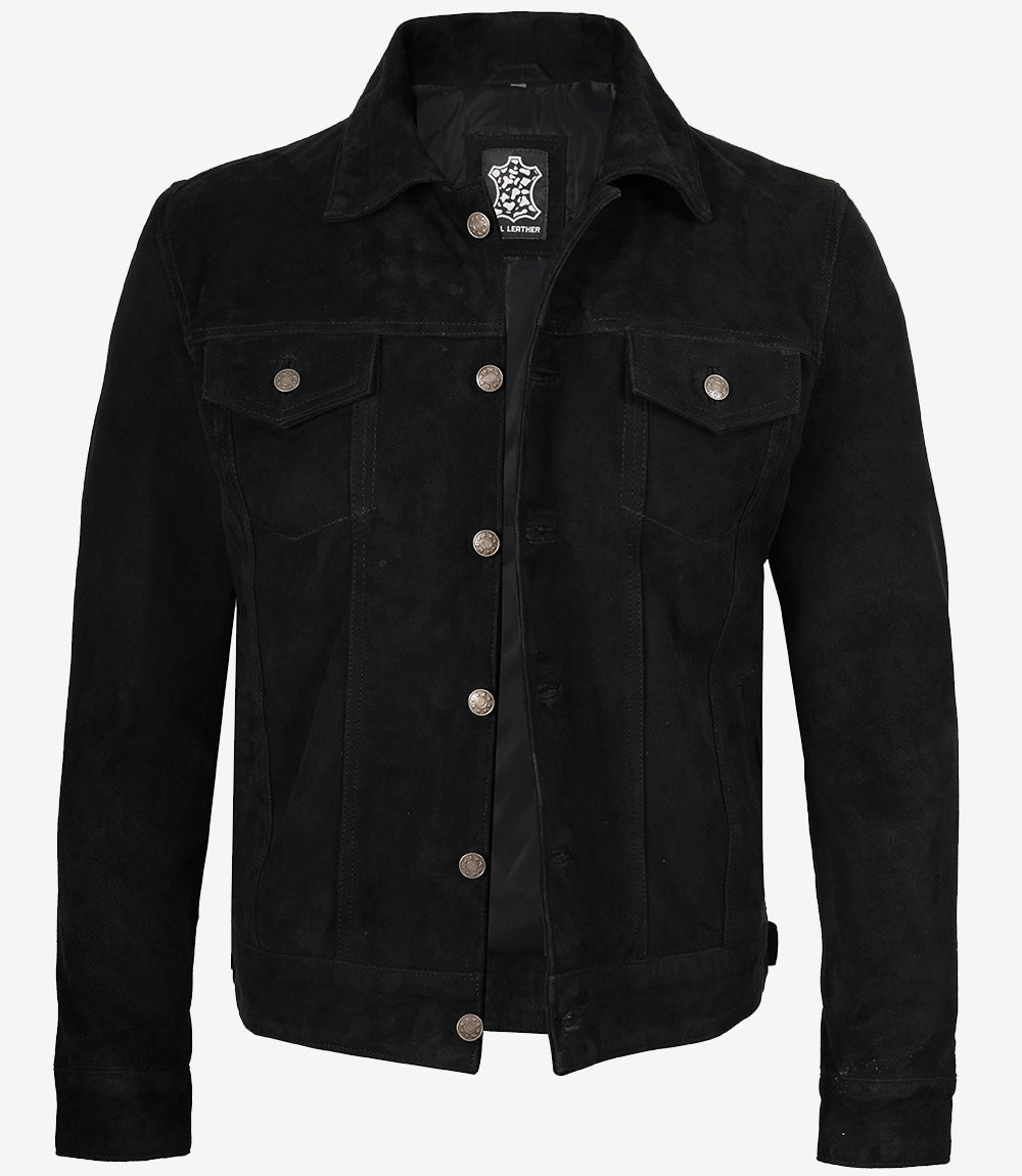 Klassische Trucker-Jacke aus schwarzem Wildleder für Herren