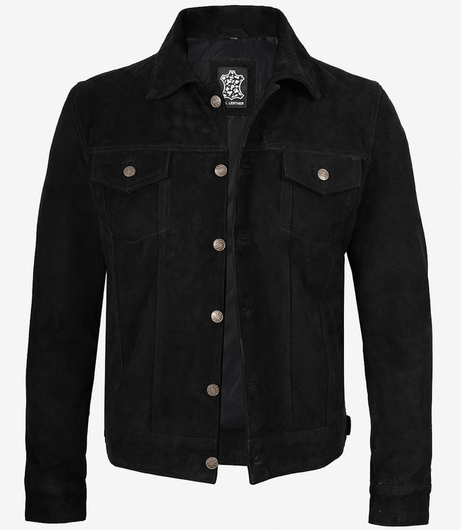 Klassische Trucker-Jacke aus schwarzem Wildleder für Herren