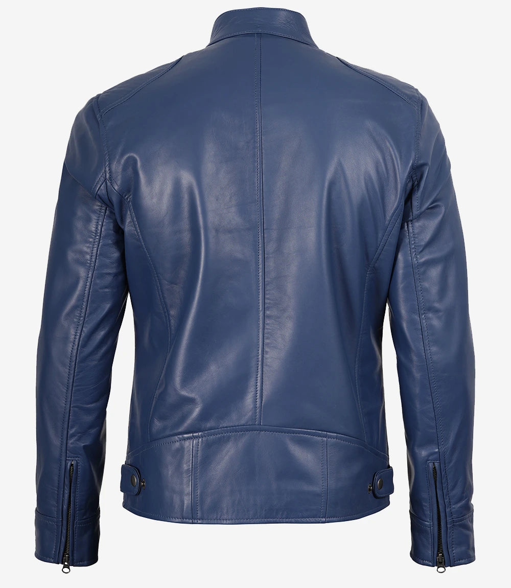 Klassische blaue Lederjacke im Biker-Stil für Herren