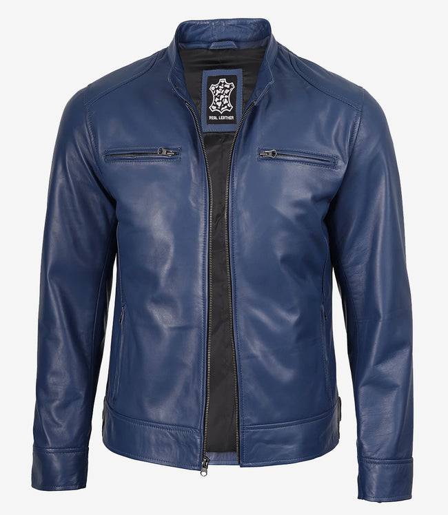 Klassische blaue Lederjacke im Biker-Stil für Herren