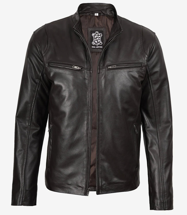 Klassische dunkelbraune Lederjacke im Biker-Stil für Herren