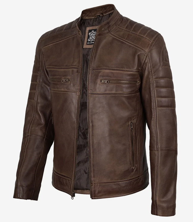 Kaffeebraune Distressed-Lederjacke für Herren – Biker-Stil