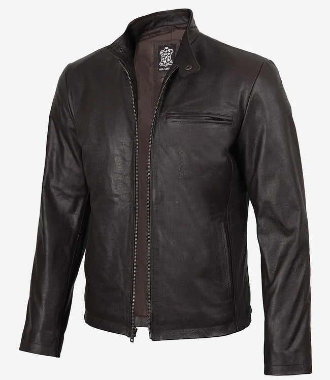 Dunkelbraune Herrenjacke aus hochwertigem Rindsleder im Biker-Stil