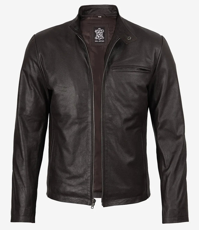 Dunkelbraune Herrenjacke aus hochwertigem Rindsleder im Biker-Stil