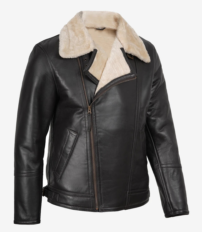 Dunkelbraune Lammfell-Lederjacke im Biker-Stil für Herren