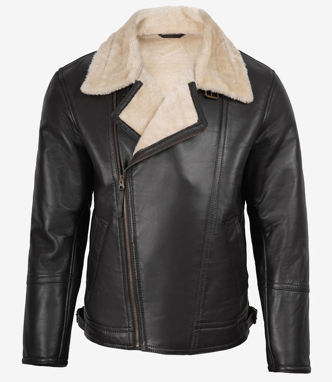Dunkelbraune Lammfell-Lederjacke im Biker-Stil für Herren