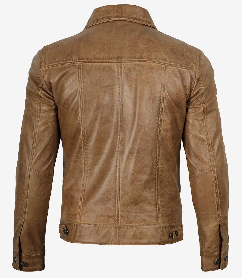Herren-Truckerjacke aus echtem Leder, Kamelbraun