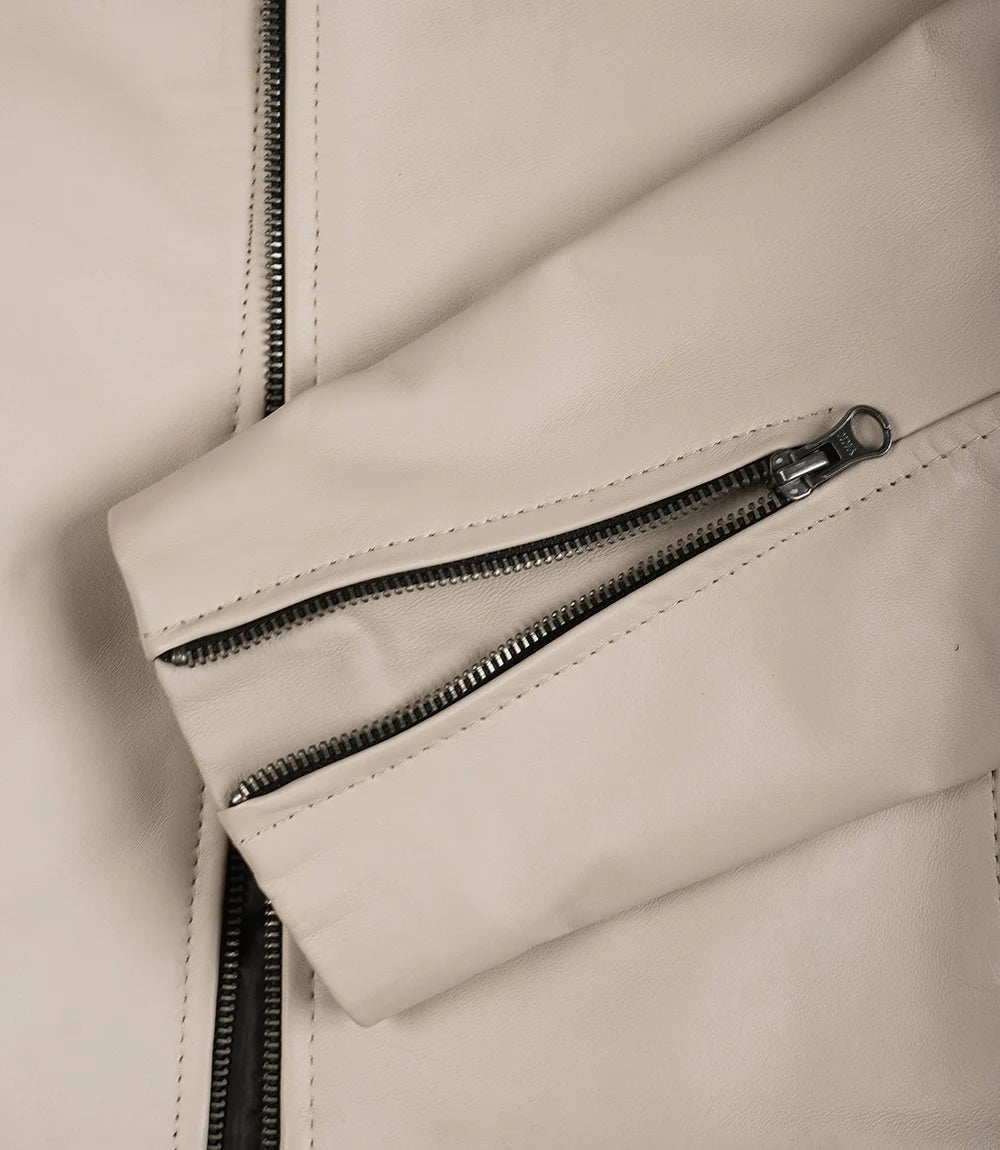 Beige Lederjacke im Biker-Stil mit Stehkragen für Herren