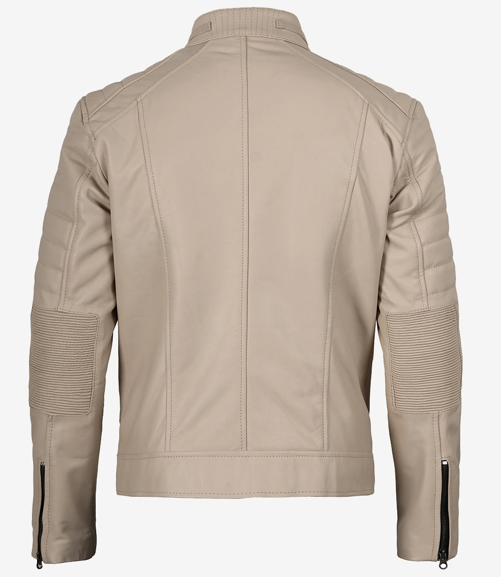 Beige Lederjacke im Biker-Stil mit Stehkragen für Herren