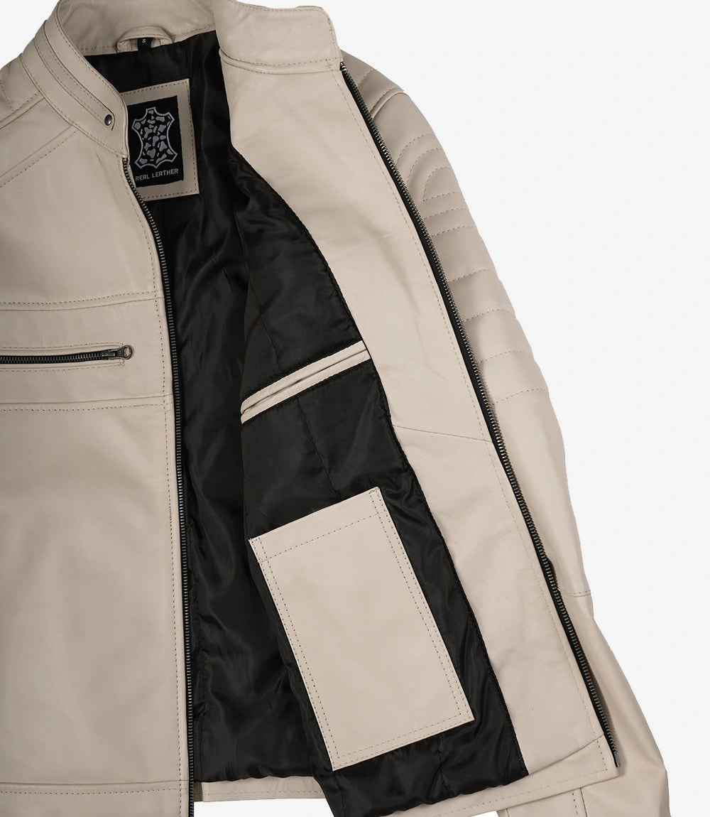 Beige Lederjacke im Biker-Stil mit Stehkragen für Herren