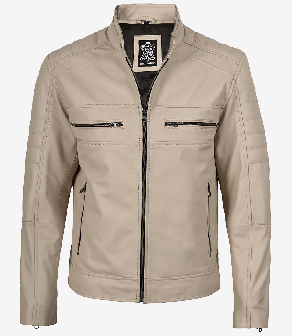 Beige Lederjacke im Biker-Stil mit Stehkragen für Herren