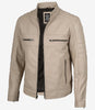 Beige Lederjacke im Biker-Stil mit Stehkragen für Herren