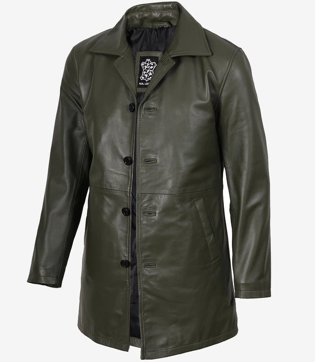 Olivgrüner 3/4-Leder-Automantel für Herren