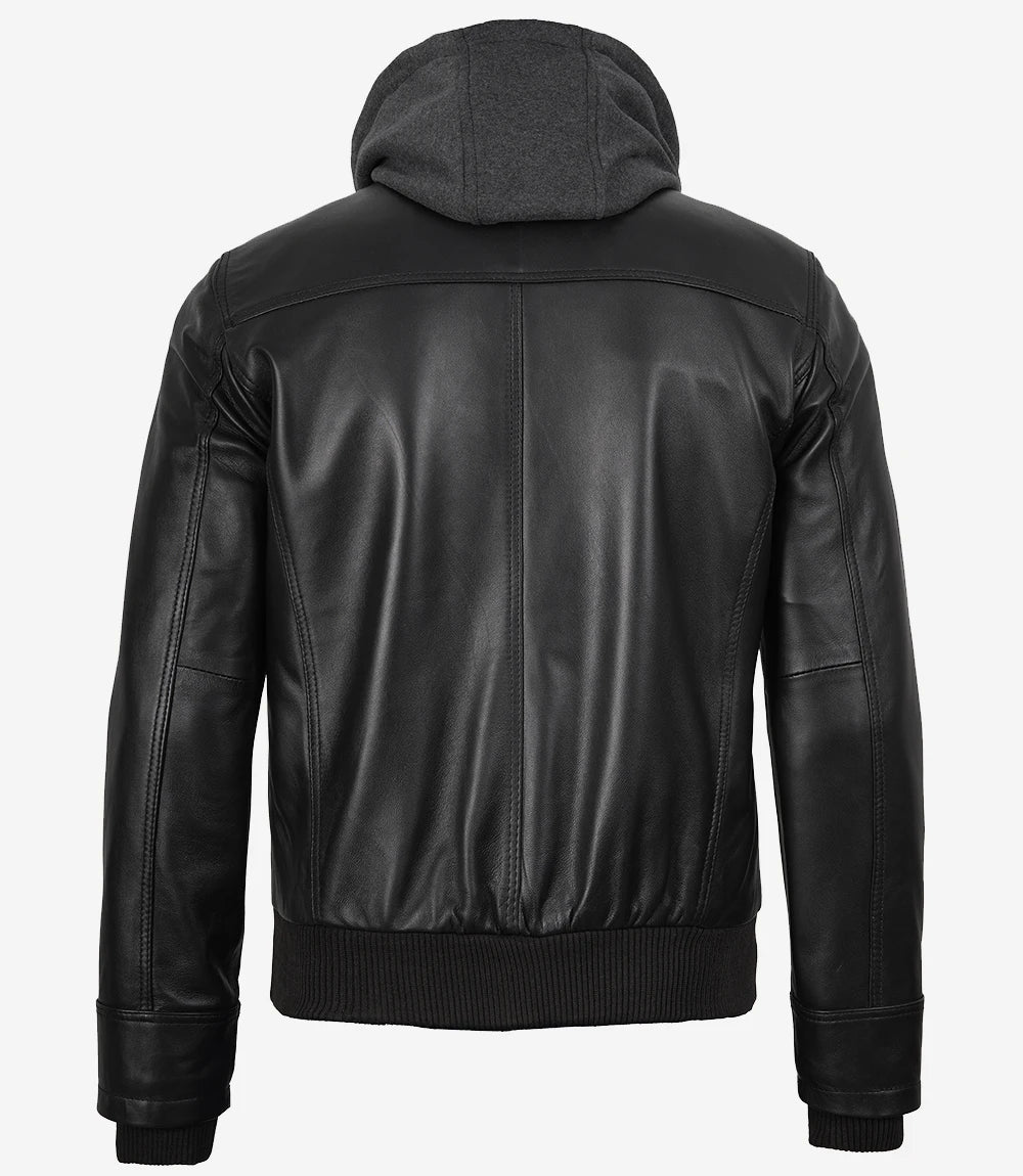 Schwarze Bomberjacke aus Leder für Herren mit abnehmbarer Kapuze