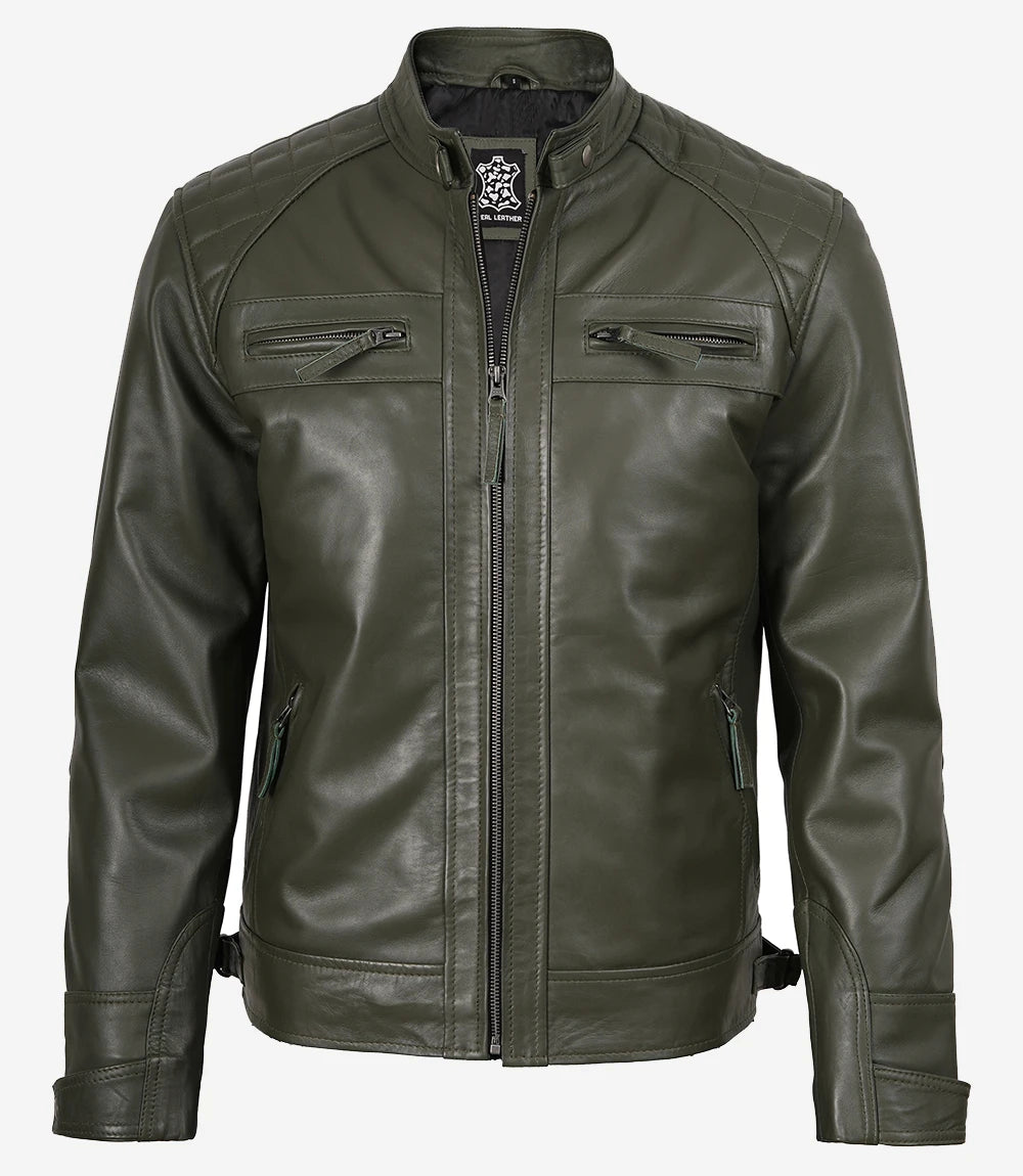 Herren Lederjacke im Biker-Stil mit gesteppter Schulterpartie, olivgrün