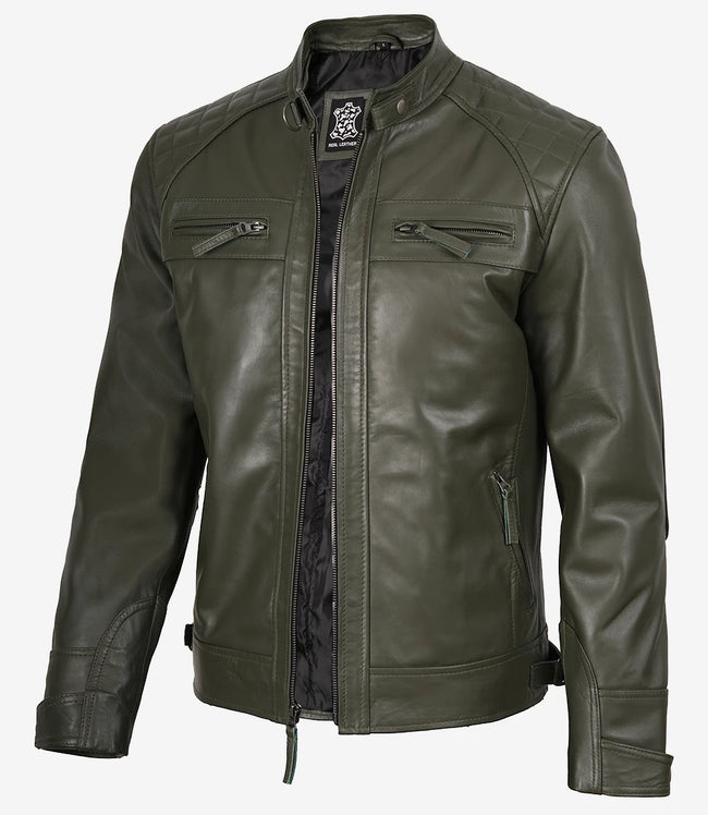 Herren Lederjacke im Biker-Stil mit gesteppter Schulterpartie, olivgrün