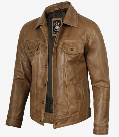 Herren-Truckerjacke aus echtem Leder, Kamelbraun