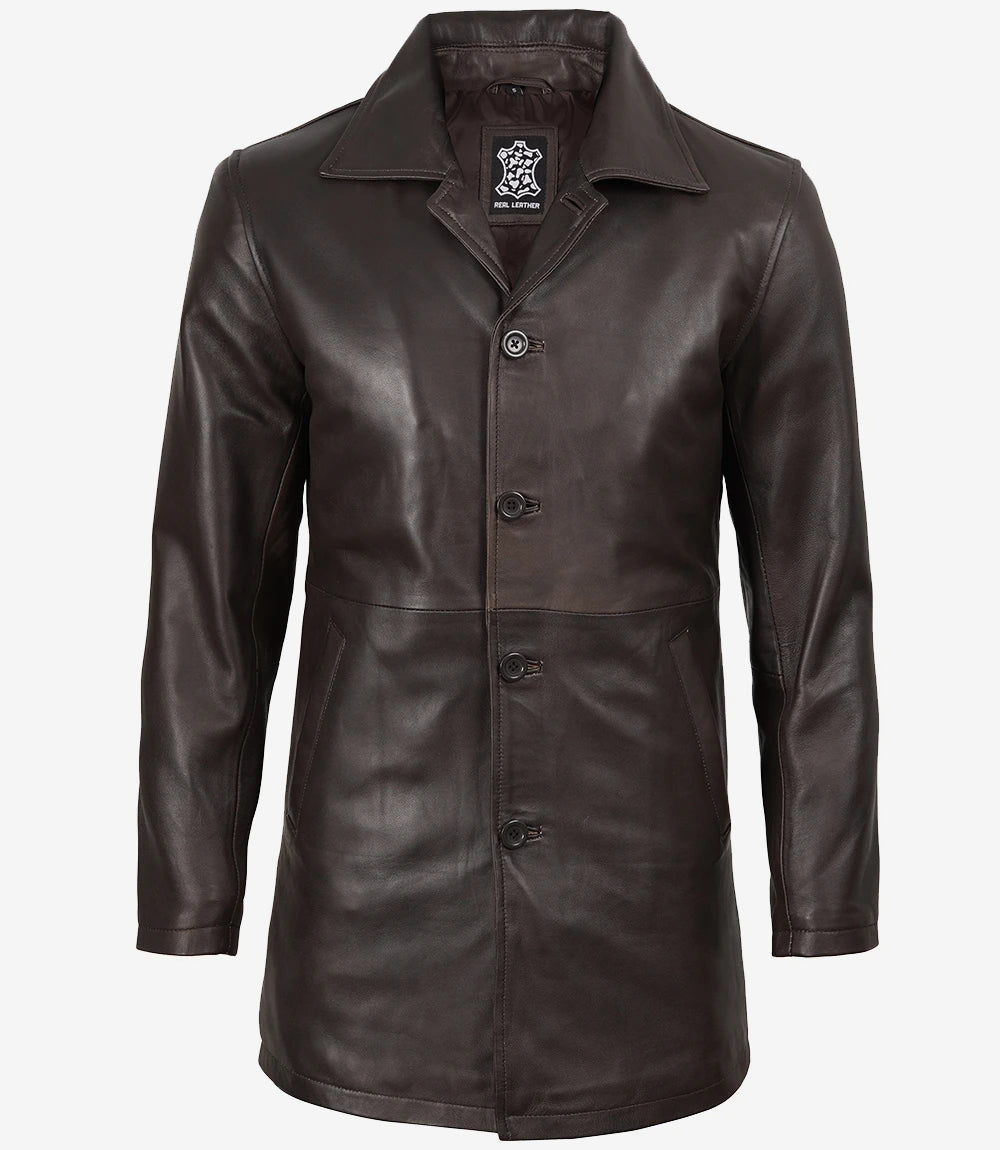 Brauner 3/4-Mantel aus echtem Leder für Herren im Used-Look