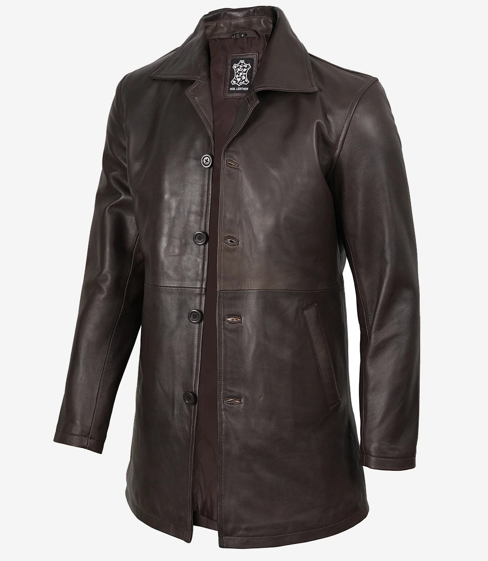 Brauner 3/4-Mantel aus echtem Leder für Herren im Used-Look