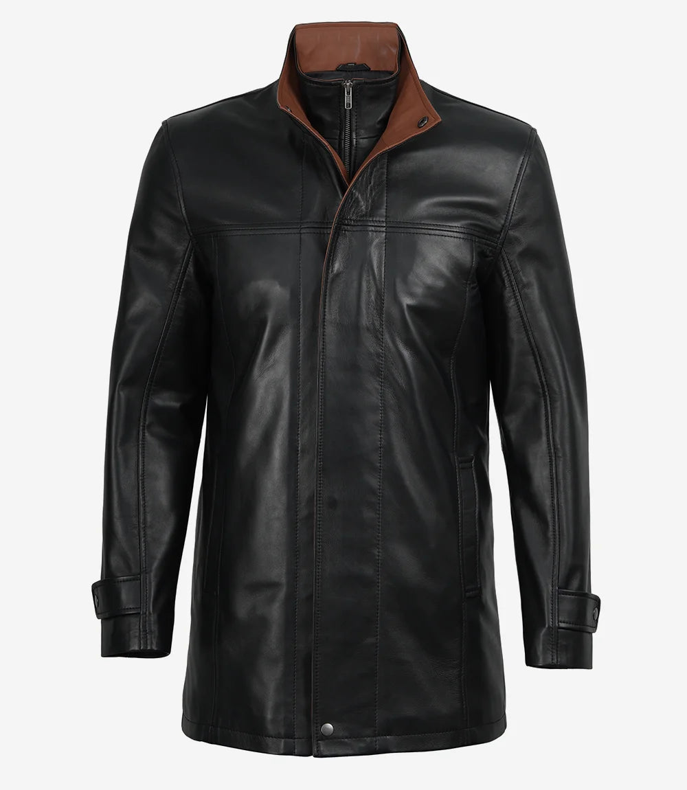 Erin Mens High-Collar Black Leather Jacket With Brown Details