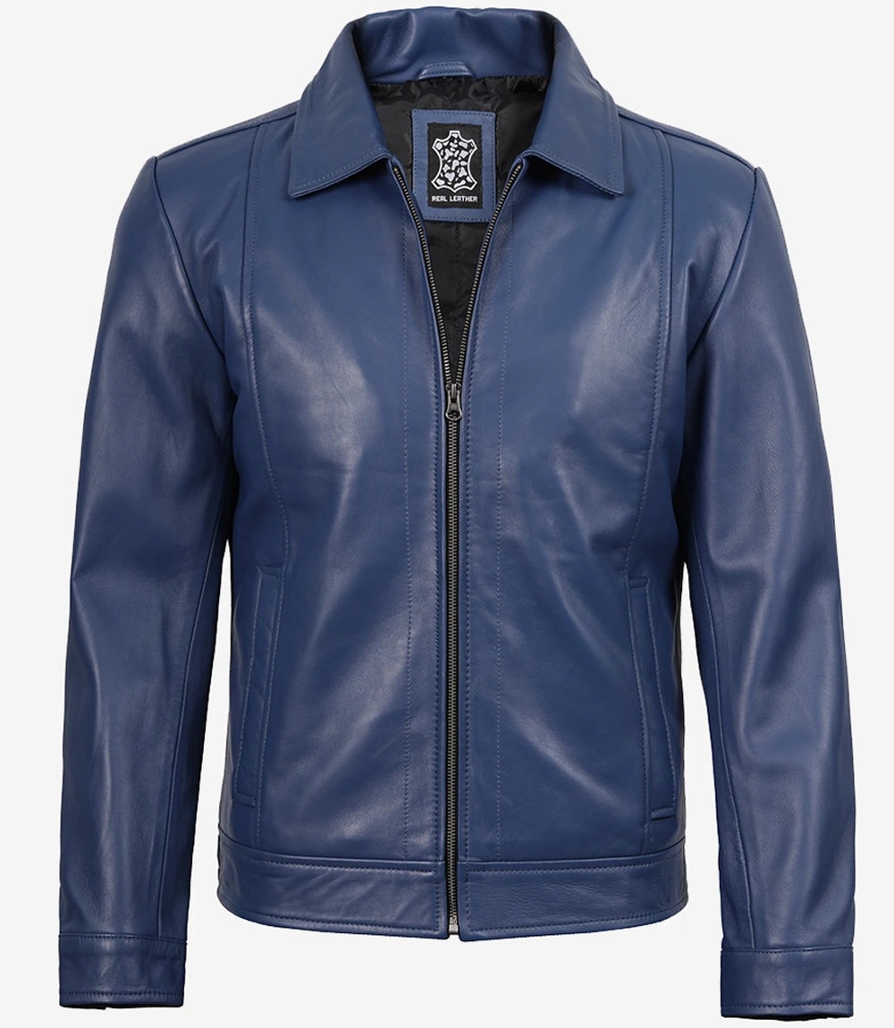 Mens Shirt Collar Blue Leather Jacket