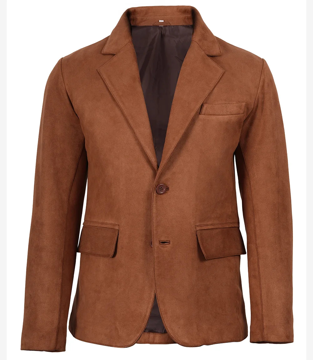 Men's Light Brown Faux Suede Blazer Jacket – 2-Button Notch Lapel