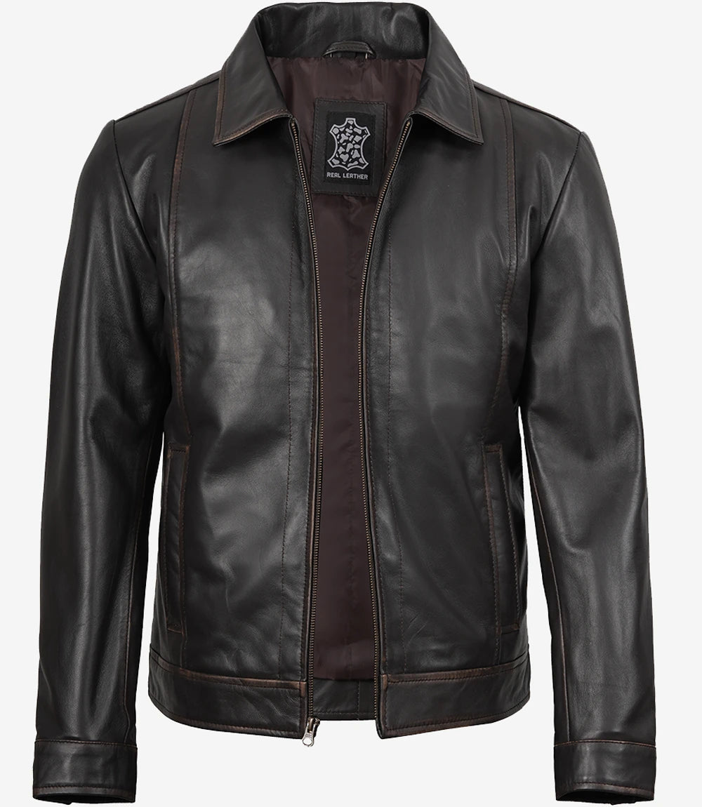 Mens Shirt Collar Vintage Brown Leather Jacket